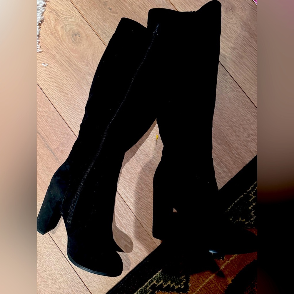 Black suede high heel knee high boots. Worn once